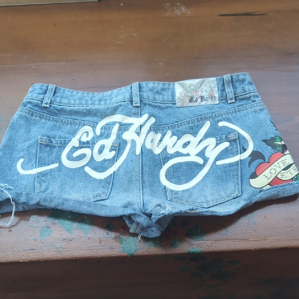 Ed Hardy Blue Jean Shorts with Graphic Design